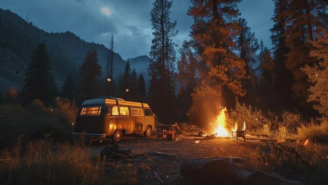 Natural scenery in the middle of the forest with Van and campfire. Seamless looping time-lapse virtual video animation background 