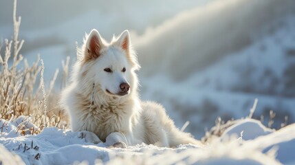 Obraz premium A white wolf captured in its natural habitat within a snowy winter landscape, presented through wildlife photography. 