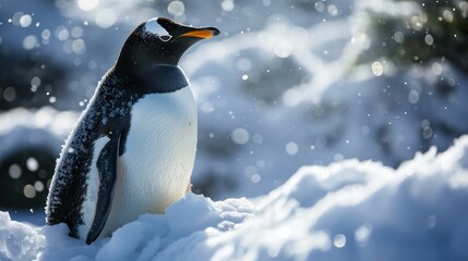 Animal photography capturing the charm of penguins in a winter landscape, their natural habitat.

