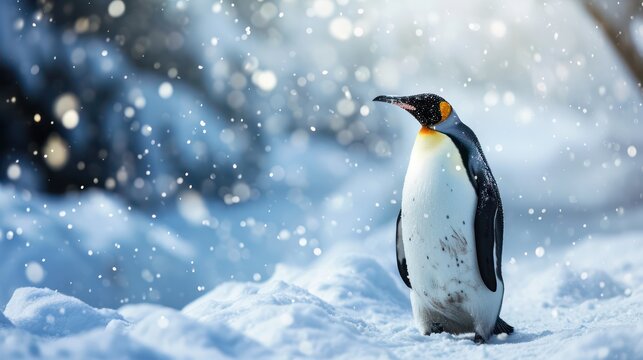 Penguins in a winter scene, beautifully portrayed through animal photography in their native environment.
