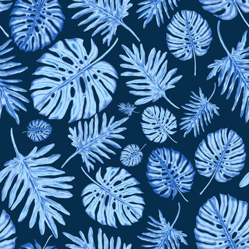 Watercolor seamless pattern with tropical leaves. Beautiful allover print with hand drawn exotic plants. Swimwear botanical design.	