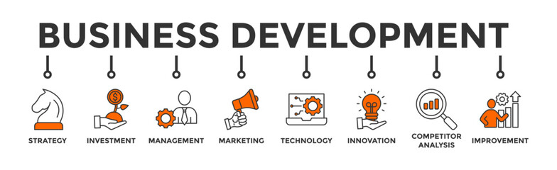 Business development banner web icon vector illustration concept with icon of strategy, investment, management, marketing, technology, innovation, competitor analysis, improvement