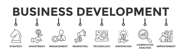 Business development banner web icon vector illustration concept with icon of strategy, investment, management, marketing, technology, innovation, competitor analysis, improvement