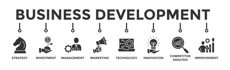 Business development banner web icon vector illustration concept with icon of strategy, investment, management, marketing, technology, innovation, competitor analysis, improvement