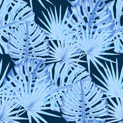 Watercolor seamless pattern with tropical leaves. Beautiful allover print with hand drawn exotic plants. Swimwear botanical design.  © Natallia Novik