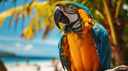 Cute macaw with blue eyes perching on a tropical