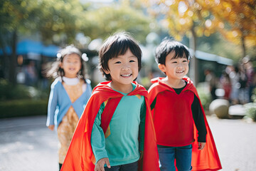 Elementary school children, diverse and energetic, playing outdoors in superhero capes, fostering friendship. - Powered by Adobe