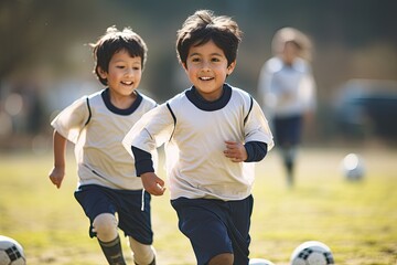 Young soccer players on a grass field, running, kicking the ball, and enjoying a match.