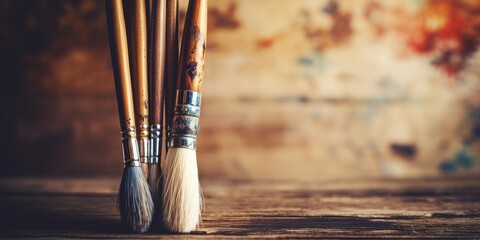 A set of colorful paintbrushes and tools on a wooden artist's table, showing signs of creative work. - obrazy, fototapety, plakaty