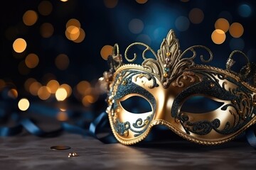 New year and Christmas party design banner with a luxurious Venetian mask on a dark golden bokeh background. Carnival masquerade costume ball with fantasy elements.