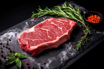 Top view of raw marbled beef steak with herbs on a black background.