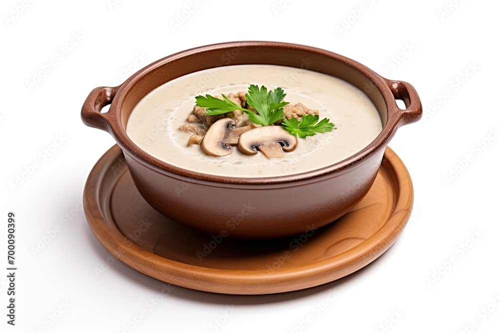 Sticker freshly prepared mushroom soup on a white plate.