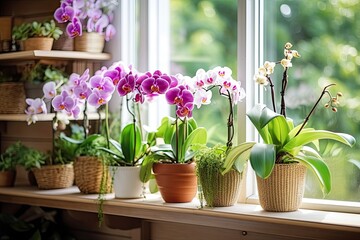 Live potted flowering plants - decorative moth orchids on windowsill.