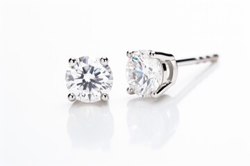 Silver diamond earrings on white background.