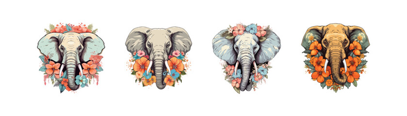 Head elephant with flower set. Vector illustration design.