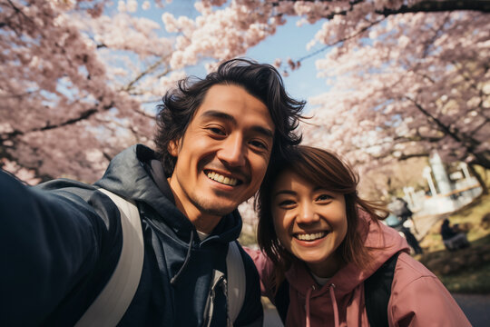 Happy couple taking selfie with beautiful Sakura on background. Holidays and traveling concept