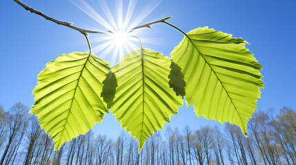Fresh green leaves and sun rays in a clear blue sky