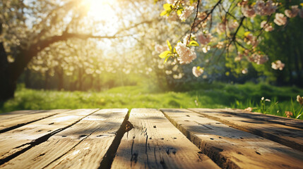 Naklejka na ściany i meble Empty wooden table with blurred spring background