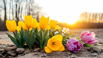 Sunset Over Bloom of Colorful Tulips