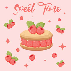 Square postcard with pink macaroon and floating raspberries, leaves and stars. Dessert with berries. Banner for backery, sweet shop