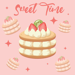 Square postcard with pastry and floating stars. Cake with white whipped cream, strawberry and kiwi. Banner for backery, sweet shop. Birthday card