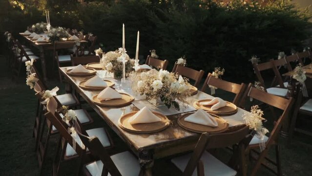 Wedding day event organization table setting decor luxury event. Wedding Decor. A large number of brown wooden chairs are lined up against the backdrop of the wedding decor. 