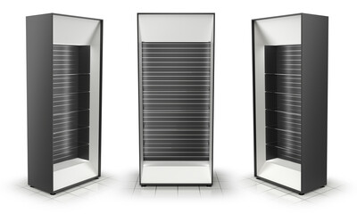 Retail slatwall display stands with topper and glass shelves. 3d illustration