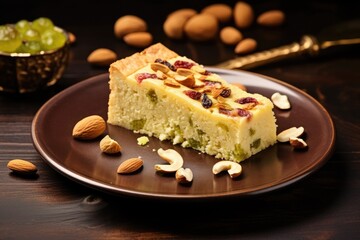 Mawa cake a homemade rich dessert with mawa and atta served on a wooden background with assorted nuts and fruits
