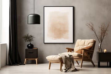 Modern home decor with a chic Scandinavian living room featuring a design armchair black mock up poster frame commode wooden stool lamp decoration loft wall an - obrazy, fototapety, plakaty