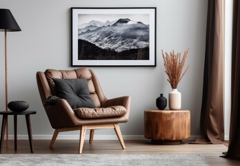 Modern Scandinavian living room decor with stylish armchair black mock up poster frame commode wooden stool book decoration loft wall and personal accessories