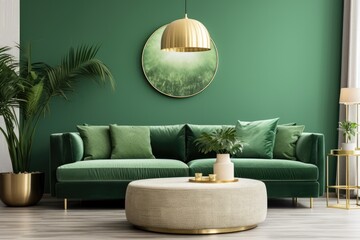 Modern luxury living room with green velvet sofa coffee table gold decoration lamp carpet and elegant accessories