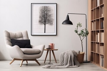 Modern Scandinavian living room with a design armchair black poster frame commode wooden stool book decoration loft wall and personal accessories in stylish ho - obrazy, fototapety, plakaty