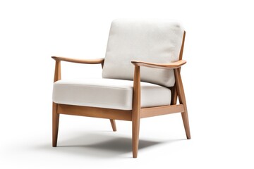 Modern white lounge chair on white background Upholstered armchair with solid wood frame Beige arm chair with wooden armrests Side wooden lounge chair