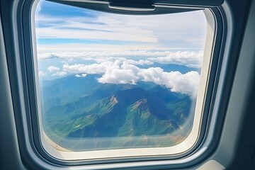 Naklejka premium Mountain and clouds seen from an airplane window