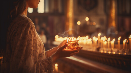 Girl with a candle in a religious temple