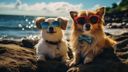 relaxing border collie dog and cat wear sunglasses at sea beach on summer holiday - obrazy, fototapety, plakaty