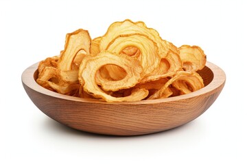 Onion ring crisps displayed in an olive wood bowl on white background