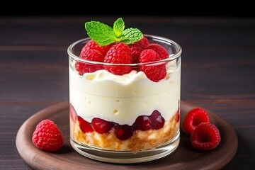 Organic homemade raspberry cheesecake served in a glass with cream cheese a nutritious treat
