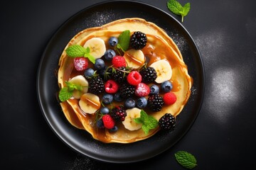 Peanut butter banana mint honey and berries spread on thin pancakes Homemade meal or treat Black ceramic plate Overhead view Space for text
