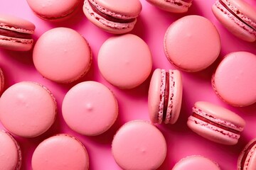 Obraz premium Pink macaroons on a pink background Sweet backdrop from above with room to edit