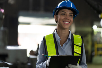 Close up of female factory worker working in industry factory area. Worker and manufacturing industry factory concept