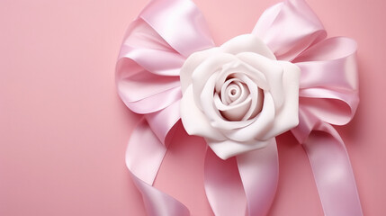 Rose flower and heart made of white satin ribbon on pink background. Valentine's Day celebration 