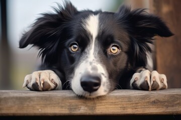 Skeptical border collie puzzled in park looks depressed Witty homeless dog with sad eyes thinking by bench - obrazy, fototapety, plakaty