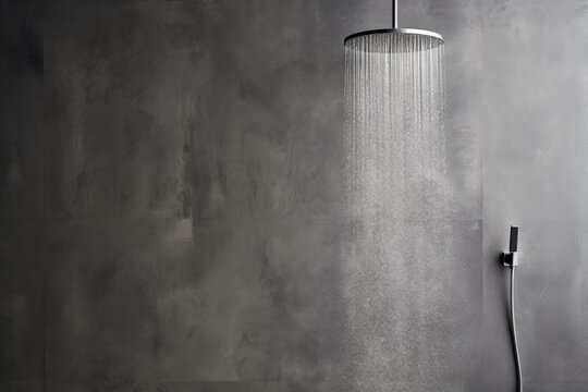 Showerhead against gray microcement wall Space for text