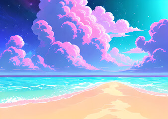 Fototapeta na wymiar Bright fabulous beach illustration, planets on a pink background, Generative AI