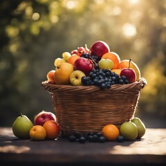 Sunlit assorted fruit basket outdoors - Generative AI