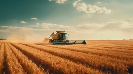 A farmer in a hat walks to a combine harvester working in a golden wheat field with high furrows. Agriculture. Growing wholesome organic produce. Harvest of wheat and barley. Rural landscape
