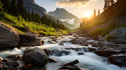  Panoramic view of a mountain river at sunset in the highlands of Canada © Iman