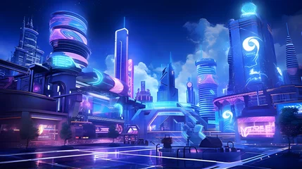 Gordijnen 3d rendering of futuristic city at night with neon lights. 3d illustration. © Iman