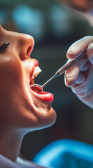 Patient receiving dental examination or treatment from a dentist using a mirror and probe. Shallow field of view.
 - obrazy, fototapety, plakaty